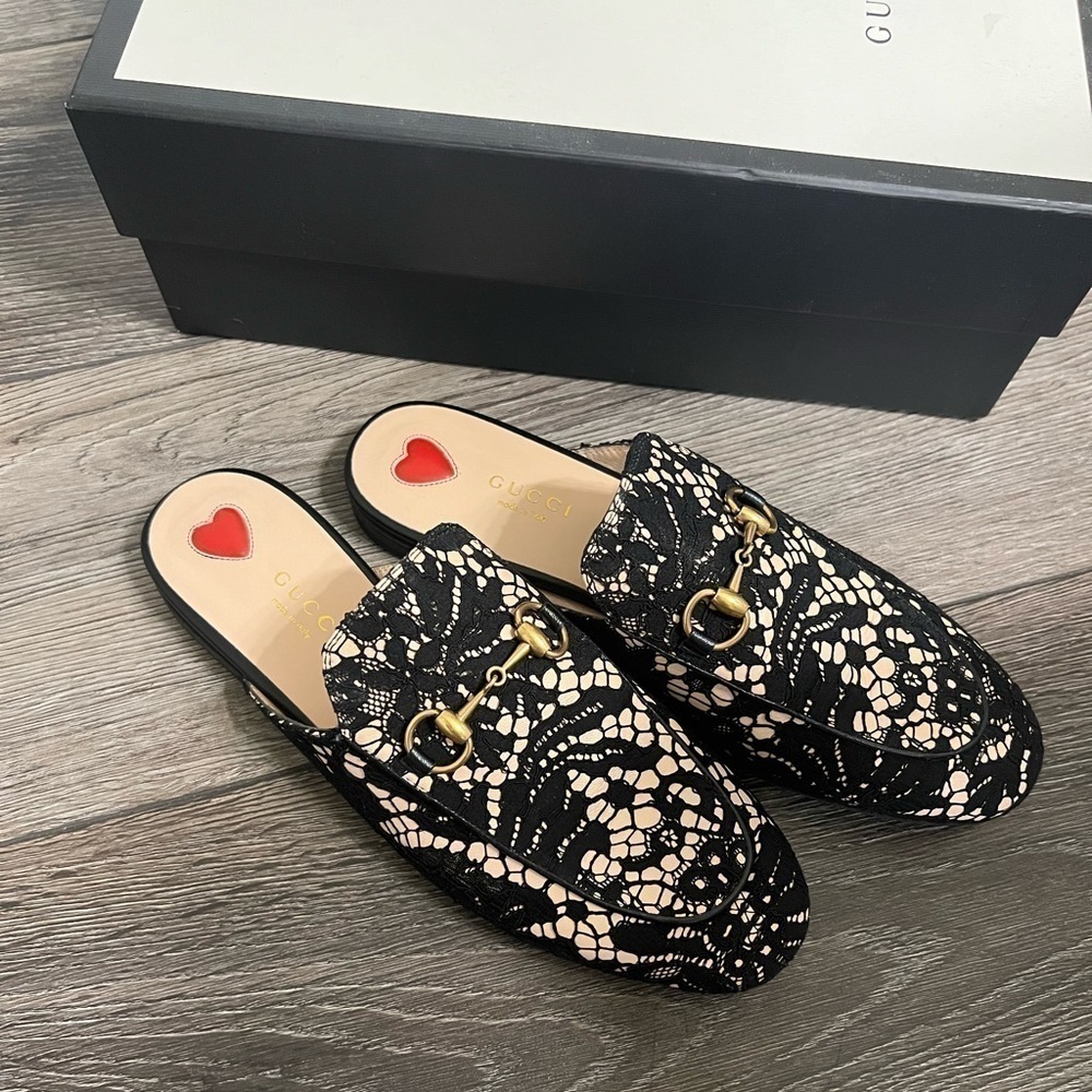 Gucci Princetown Black/Nude Leather and Lace Horsebit Flat Loafer Mules - 37 - Picture 2 of 8